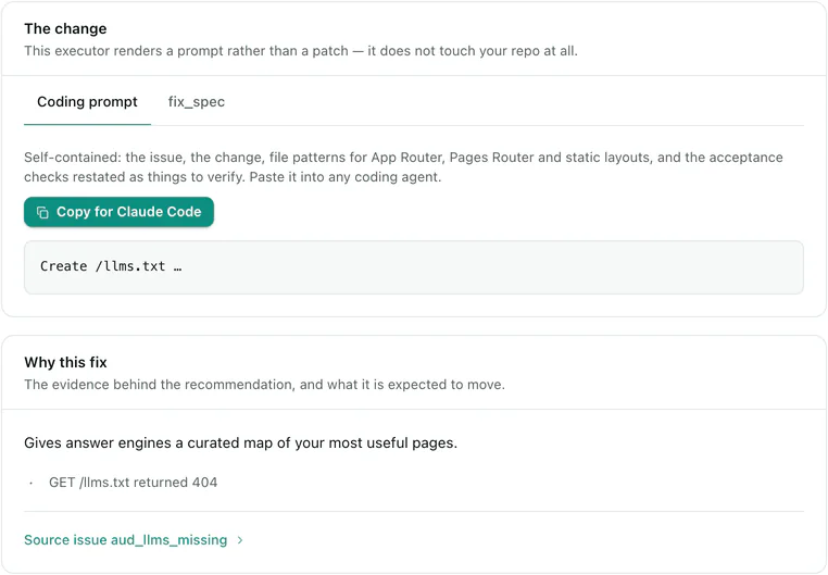 A fix for publishing llms.txt: a coding prompt with a Copy for Claude Code button, and why it matters