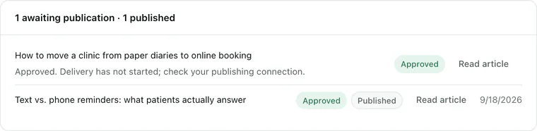 The library: one approved page awaiting publication, one marked published on 18 September