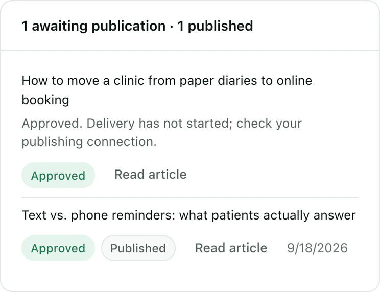 Fenn’s library: one approved page waiting to be published, one published on 18 September