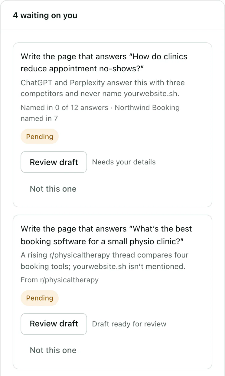 Fenn’s review queue: pages it has prepared, each with where the idea came from