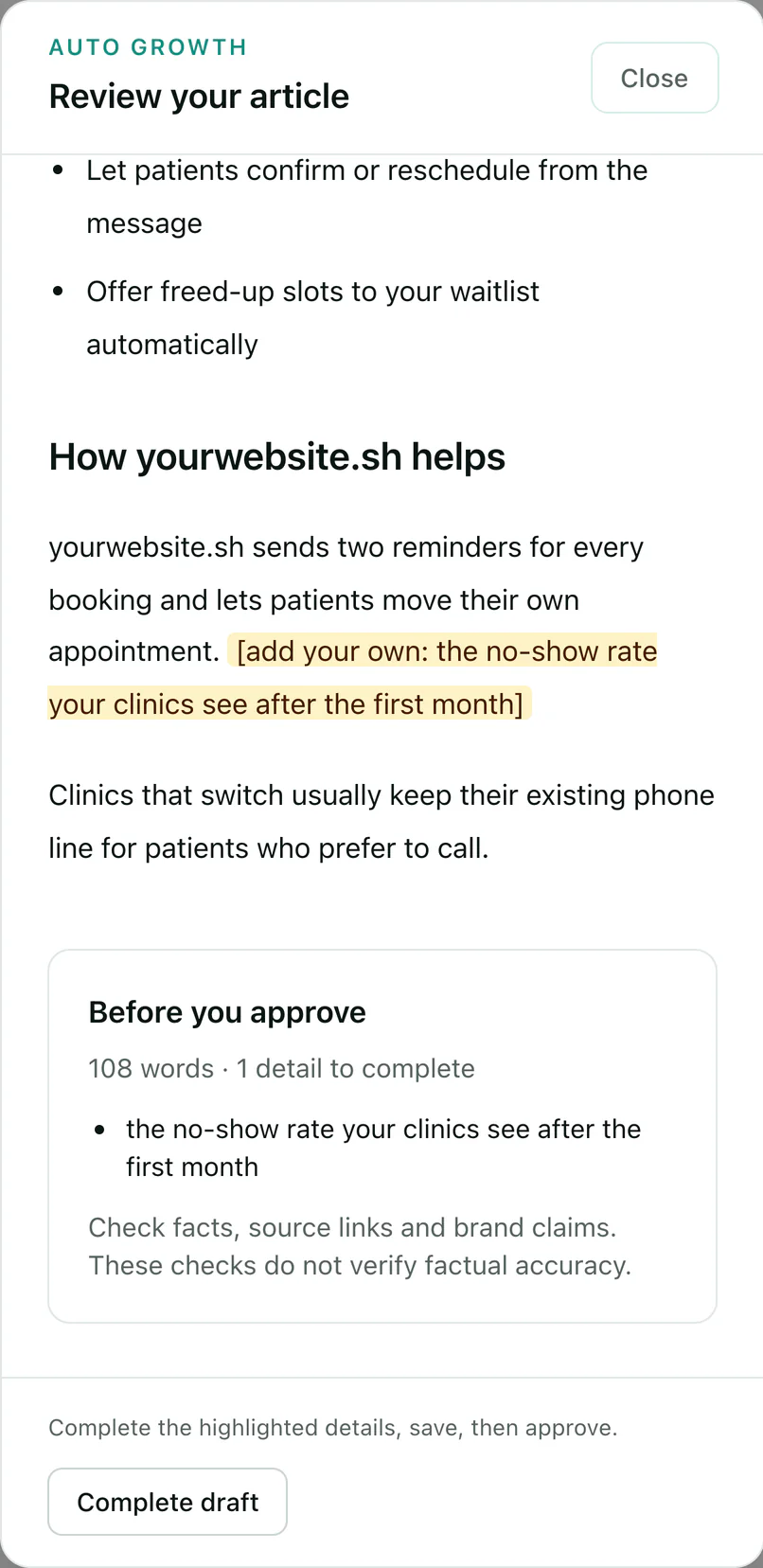 Reviewing a draft on a phone: one highlighted fact for the owner to add, and a check that holds approval until it is filled