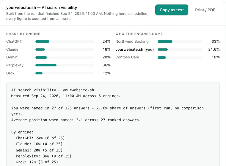 A report built from one check: how often each AI assistant names the site, and who they name instead, with Copy as text and Print buttons