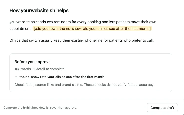 A drafted page with one highlighted fact for the owner to add, and a check listing it before approval