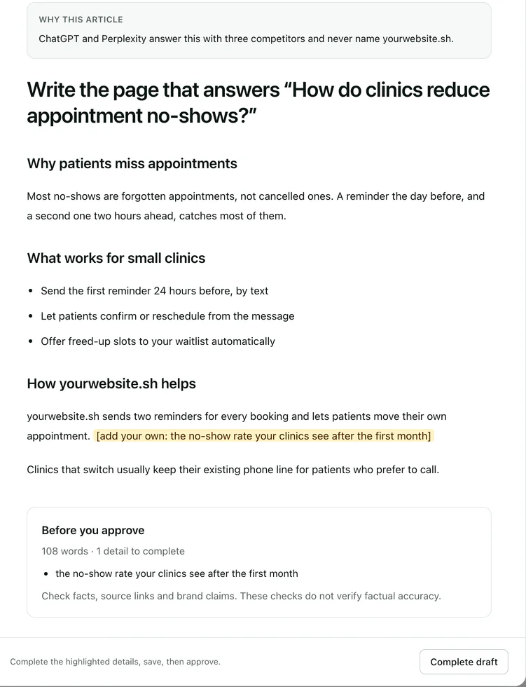 A drafted page answering how clinics reduce appointment no-shows, with one highlighted fact for the owner to add