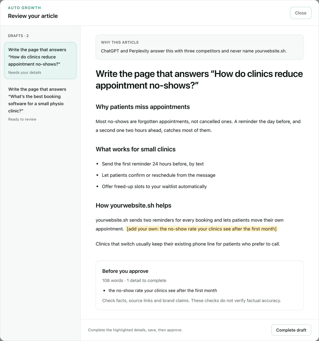 Reviewing a draft in Fenn: the reason for the article, the draft with one highlighted fact for the owner to add, and a check that holds approval until it is filled