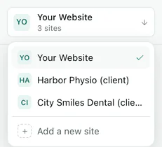 The site switcher: Your Website, Harbor Physio (client) and City Smiles Dental (client), plus Add a new site