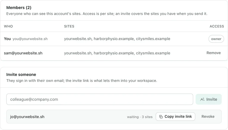 Team settings: two members with access to yourwebsite.sh, harborphysio.example and citysmiles.example, and an invite link waiting for jo@yourwebsite.sh